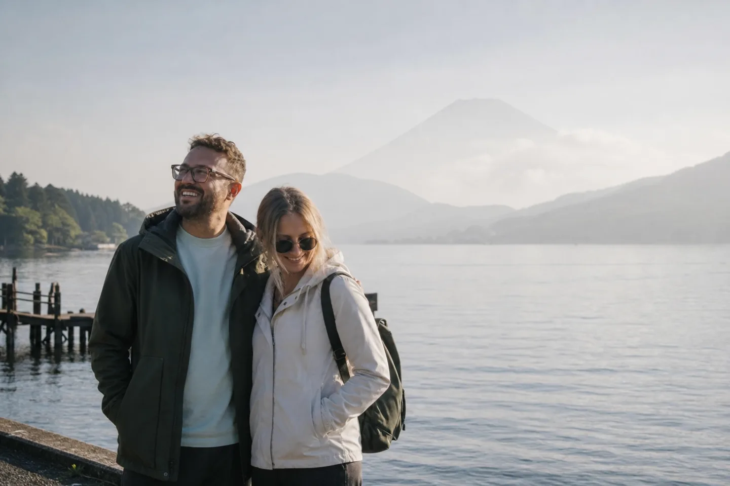 Le couple profite d’un matin calme au bord du lac Ashi, avec le mont Fuji dans la brume.