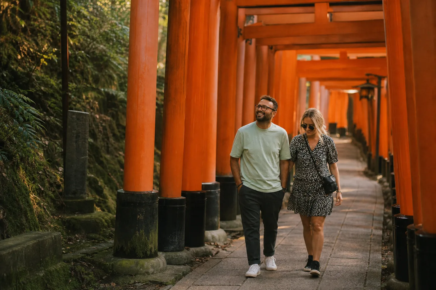 Le couple marche sous les torii rouges de Fushimi Inari dans la lumière douce du matin.