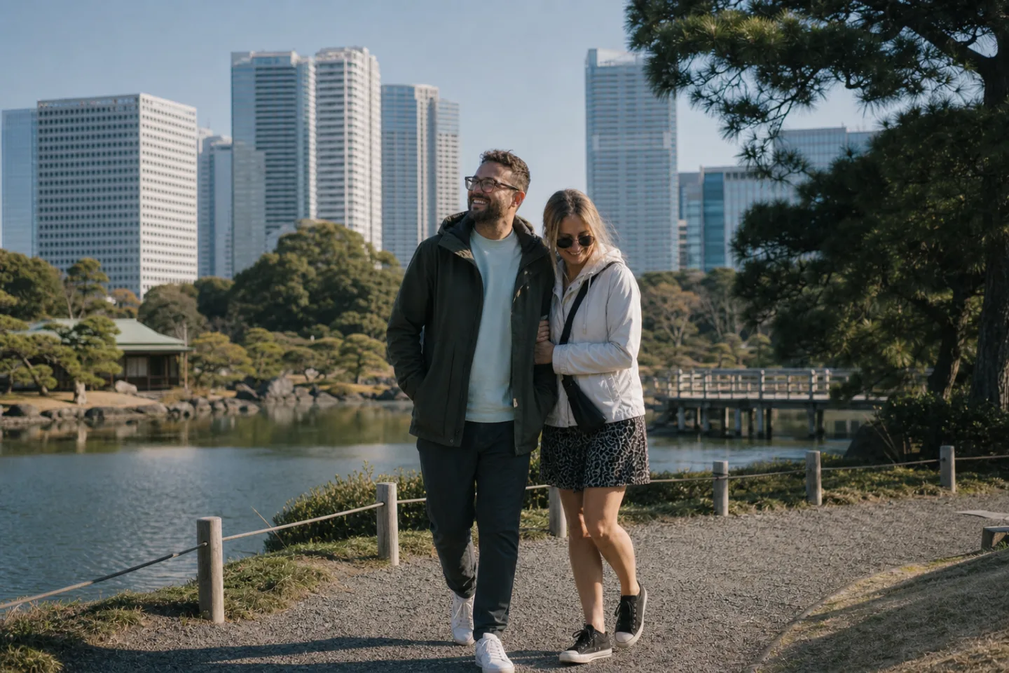 Le couple se promène dans le jardin Hama-rikyu à Tokyo